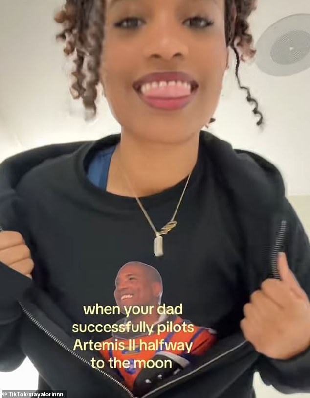 Maya Glover dances to celebrate her father's historic Artemis II moon mission.